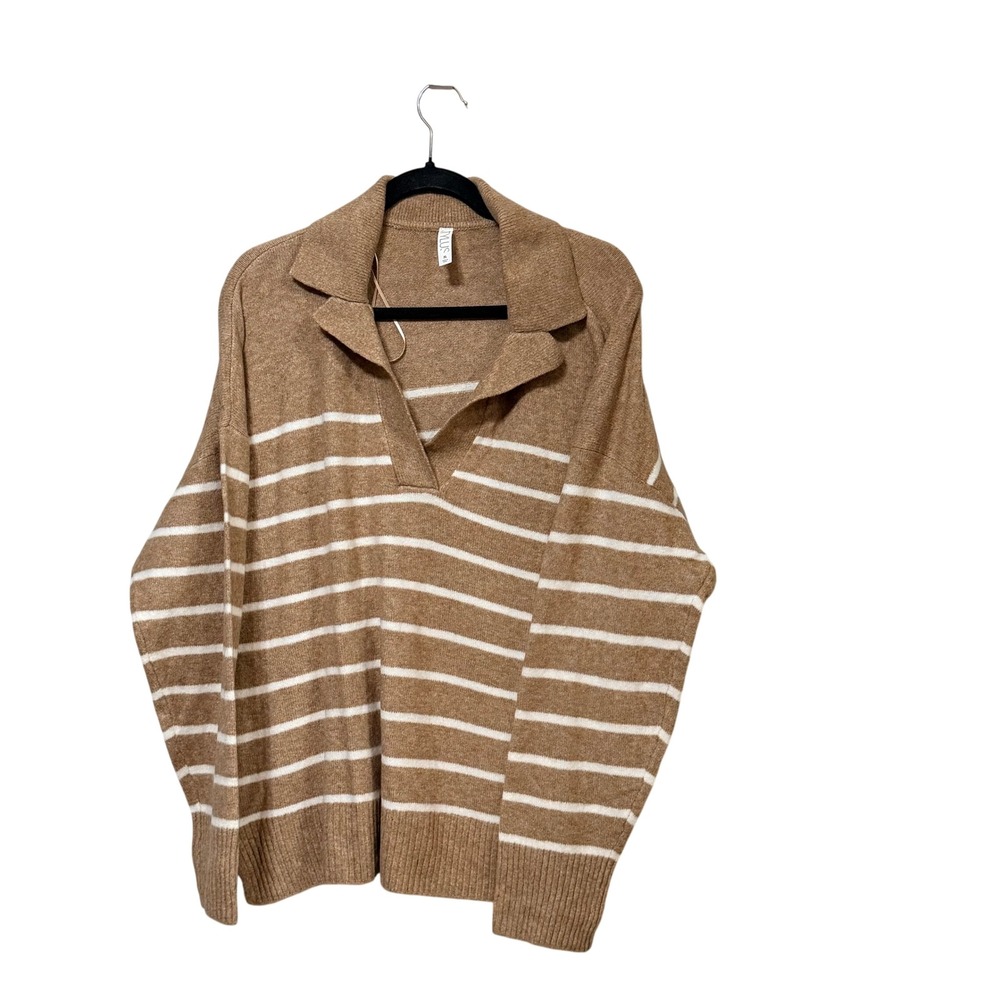 Stylus Womens XL Tan White Striped Polo Sweater Collared V-Neck Long Sleeve Knit